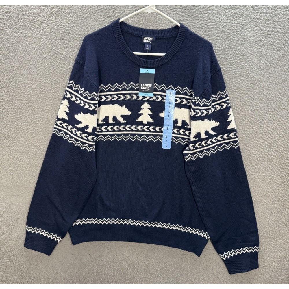 Lands End Sweater Mens Large Blue White Fair Isle Knit Crewneck Geometric Nature